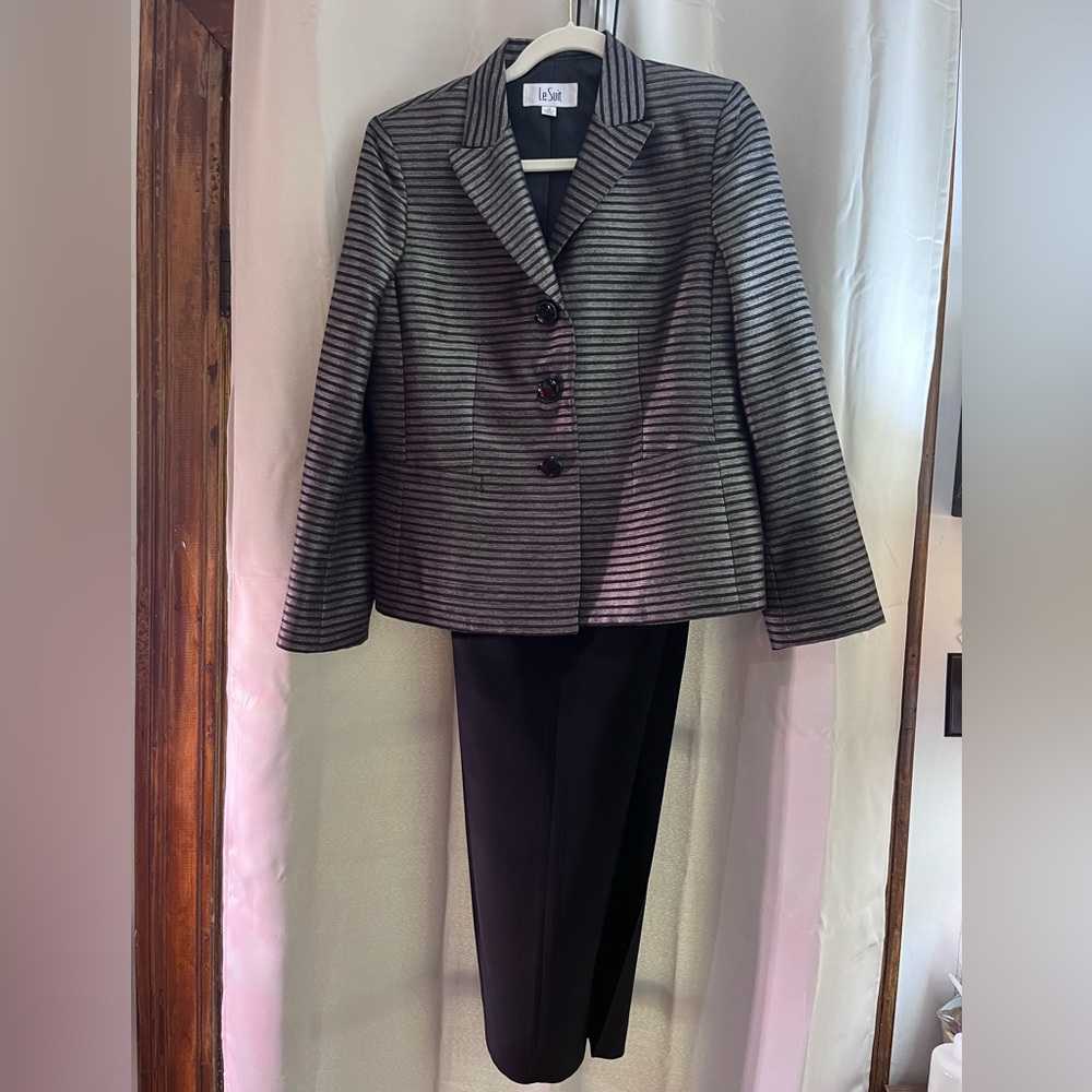 Le Suit Black and Gray Striped Pantsuit